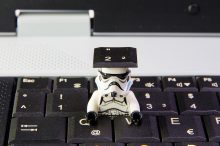 Nonthabure, Thailand - March, 19, 2016: Lego star wars stormtrooper a sneak is key keyboard notebook.The lego Star Wars mini figures from movie series on isolated white background, Lego is an interlocking brick system collected around the world by adults and children.